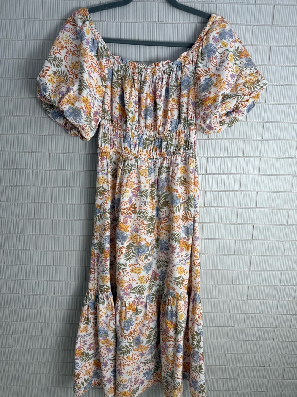 Japna Cream Floral Midi Dress with Mustard and Blue Accents